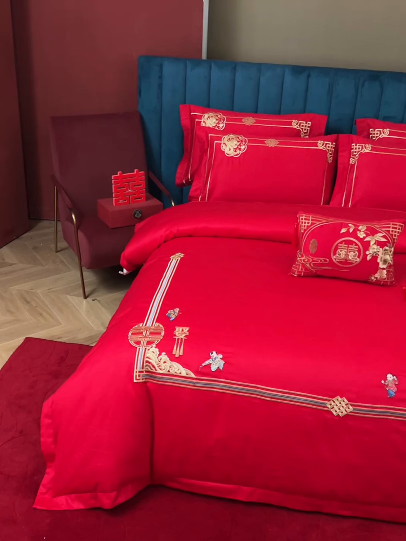 91家纺网 家纺一手货源 找家纺 晶缦家纺 2026新款喷气全棉13376纯棉刺绣花婚庆四件套 麒麟送子