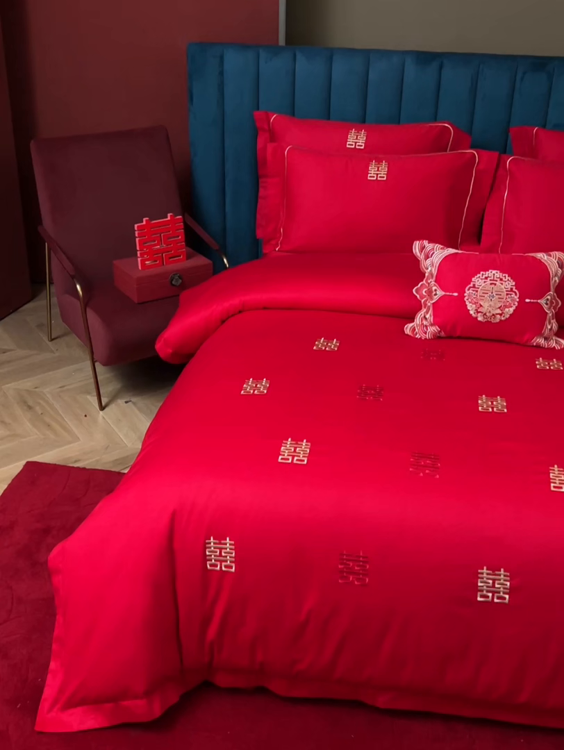 91家纺网 家纺一手货源 找家纺 晶缦家纺 2026新款喷气全棉13376纯棉刺绣花婚庆四件套 吾家有喜