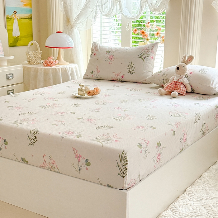 91家纺网 家纺一手货源 找家纺 九诺家纺 2026春夏新款丝柔棉小清新单床笠床罩保护套床笠单件床笠三件套 春意安然