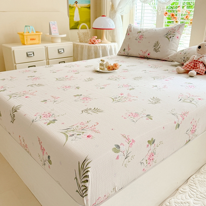 91家纺网 家纺一手货源 找家纺 九诺家纺 2026春夏新款丝柔棉小清新单床笠床罩保护套床笠单件床笠三件套 春意安然