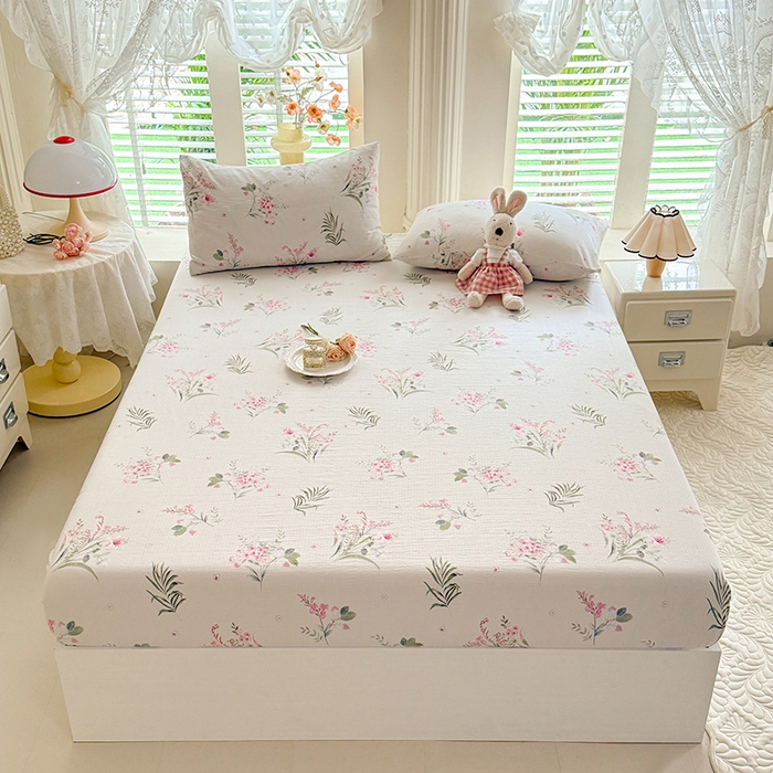 91家纺网 家纺一手货源 找家纺 九诺家纺 2026春夏新款丝柔棉小清新单床笠床罩保护套床笠单件床笠三件套 春意安然