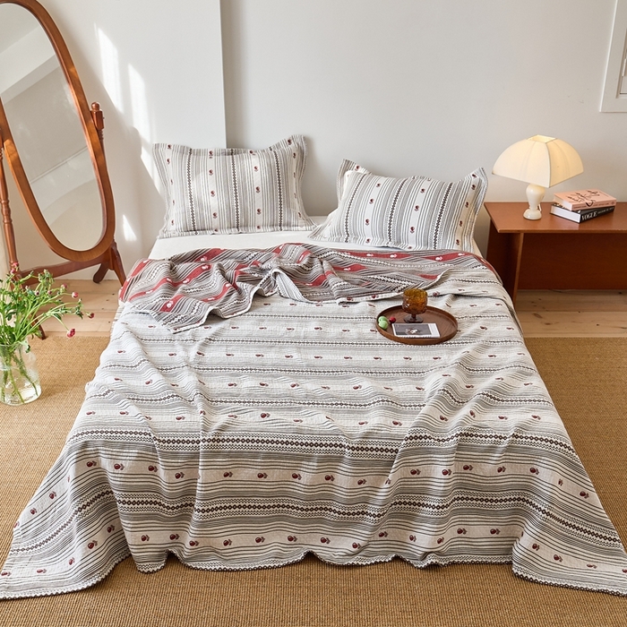 91家纺网 家纺一手货源 找家纺 沐瑟家纺 2026新款床盖三件套 横条樱桃