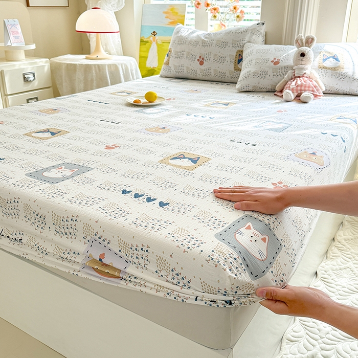 91家纺网 家纺一手货源 找家纺 九诺家纺 2026春夏新款丝柔棉小清新单床笠床罩保护套床笠单件床笠三件套 喵喵物语