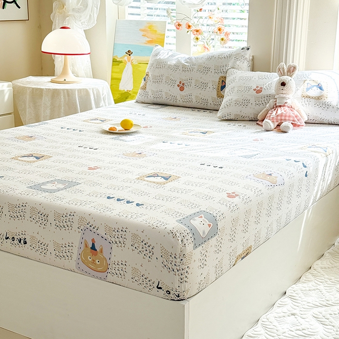 91家纺网 家纺一手货源 找家纺 九诺家纺 2026春夏新款丝柔棉小清新单床笠床罩保护套床笠单件床笠三件套 喵喵物语