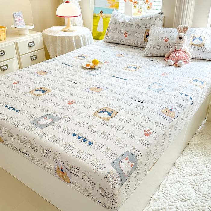 91家纺网 家纺一手货源 找家纺 九诺家纺 2026春夏新款丝柔棉小清新单床笠床罩保护套床笠单件床笠三件套 喵喵物语