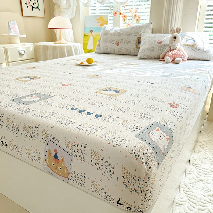 91家纺网 家纺一手货源 找家纺 九诺家纺 2026春夏新款丝柔棉小清新单床笠床罩保护套床笠单件床笠三件套 喵喵物语