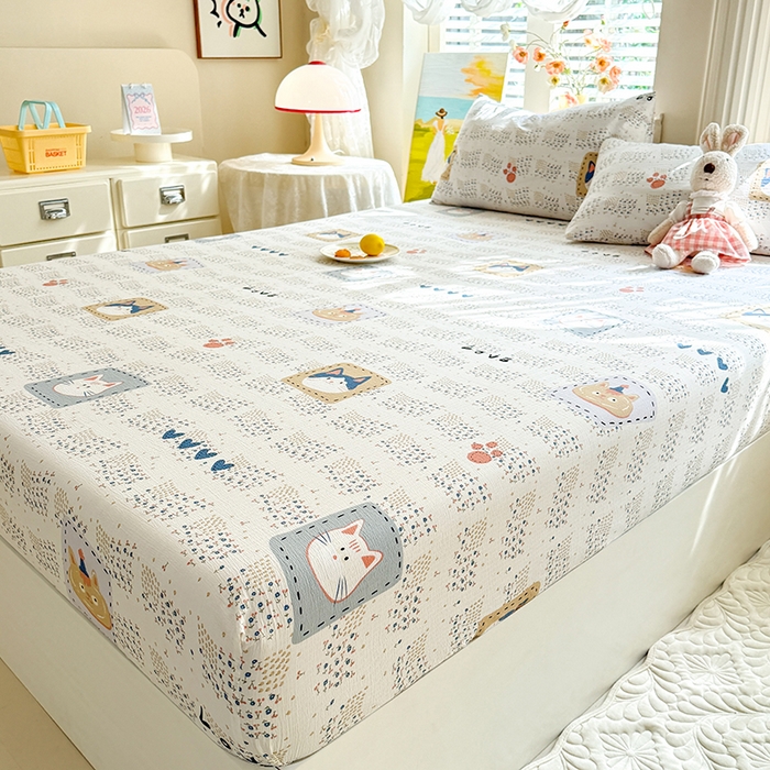 91家纺网 家纺一手货源 找家纺 九诺家纺 2026春夏新款丝柔棉小清新单床笠床罩保护套床笠单件床笠三件套 喵喵物语