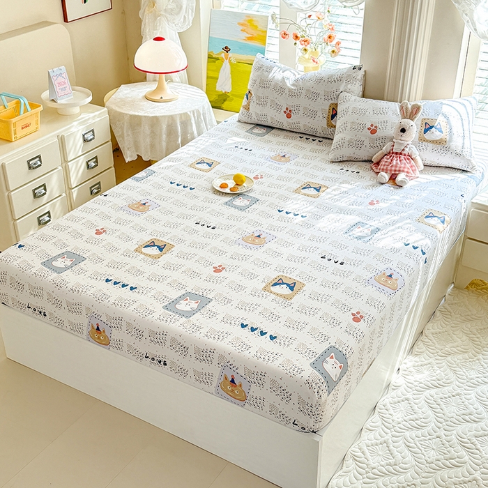 91家纺网 家纺一手货源 找家纺 九诺家纺 2026春夏新款丝柔棉小清新单床笠床罩保护套床笠单件床笠三件套 喵喵物语