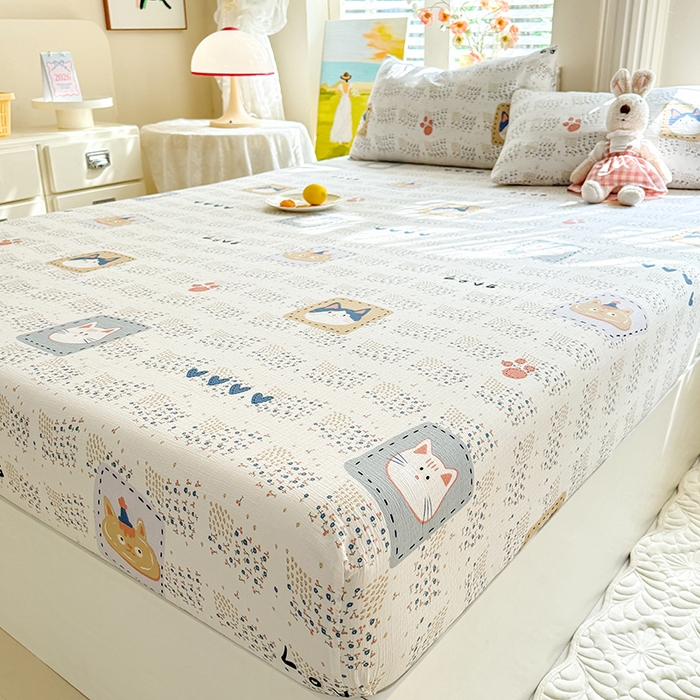 91家纺网 家纺一手货源 找家纺 九诺家纺 2026春夏新款丝柔棉小清新单床笠床罩保护套床笠单件床笠三件套 喵喵物语