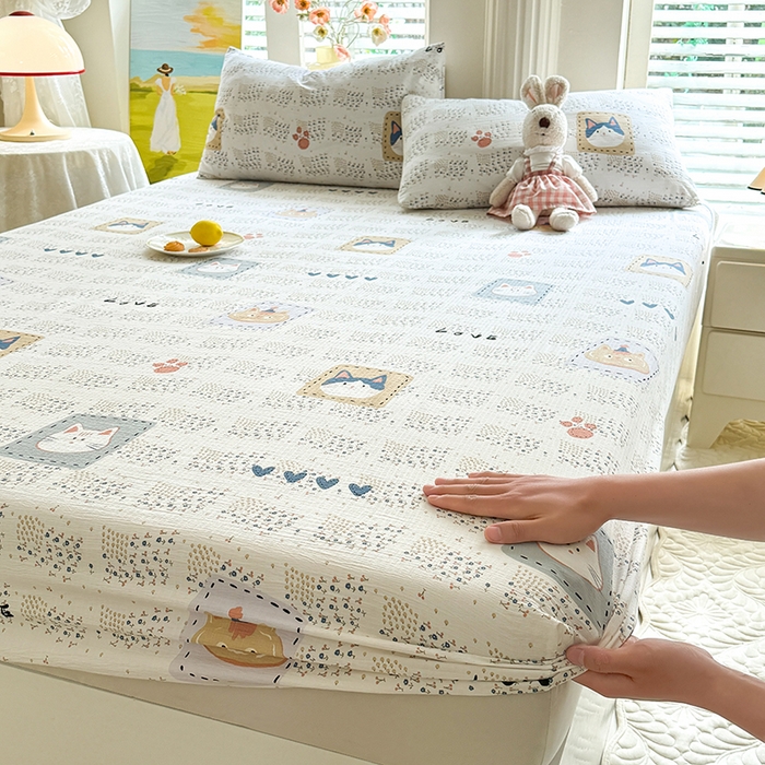 91家纺网 家纺一手货源 找家纺 九诺家纺 2026春夏新款丝柔棉小清新单床笠床罩保护套床笠单件床笠三件套 喵喵物语