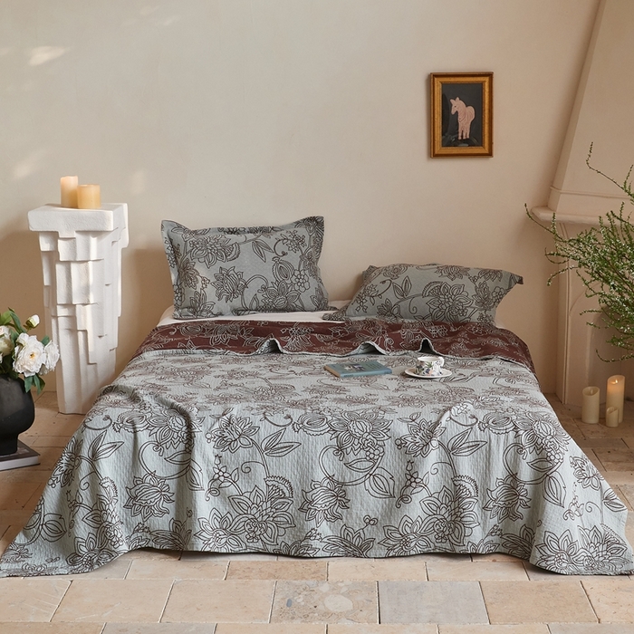沐瑟家纺 2026新款床盖三件套 花蔓-青灰