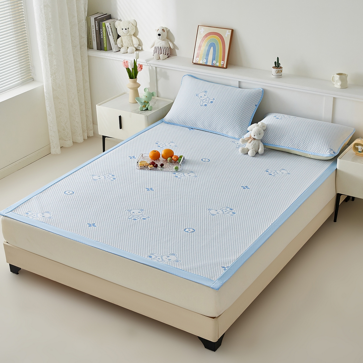 91家纺网 家纺一手货源 找家纺 奇丝雅 2026新款夏季A类冰豆豆凉席冰丝凉席家用冰丝席可机洗水洗单人学生宿舍上下铺寝室 抱抱熊-蓝