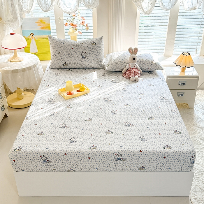 91家纺网 家纺一手货源 找家纺 九诺家纺 2026春夏新款丝柔棉小清新单床笠床罩保护套床笠单件床笠三件套 暖心小狗