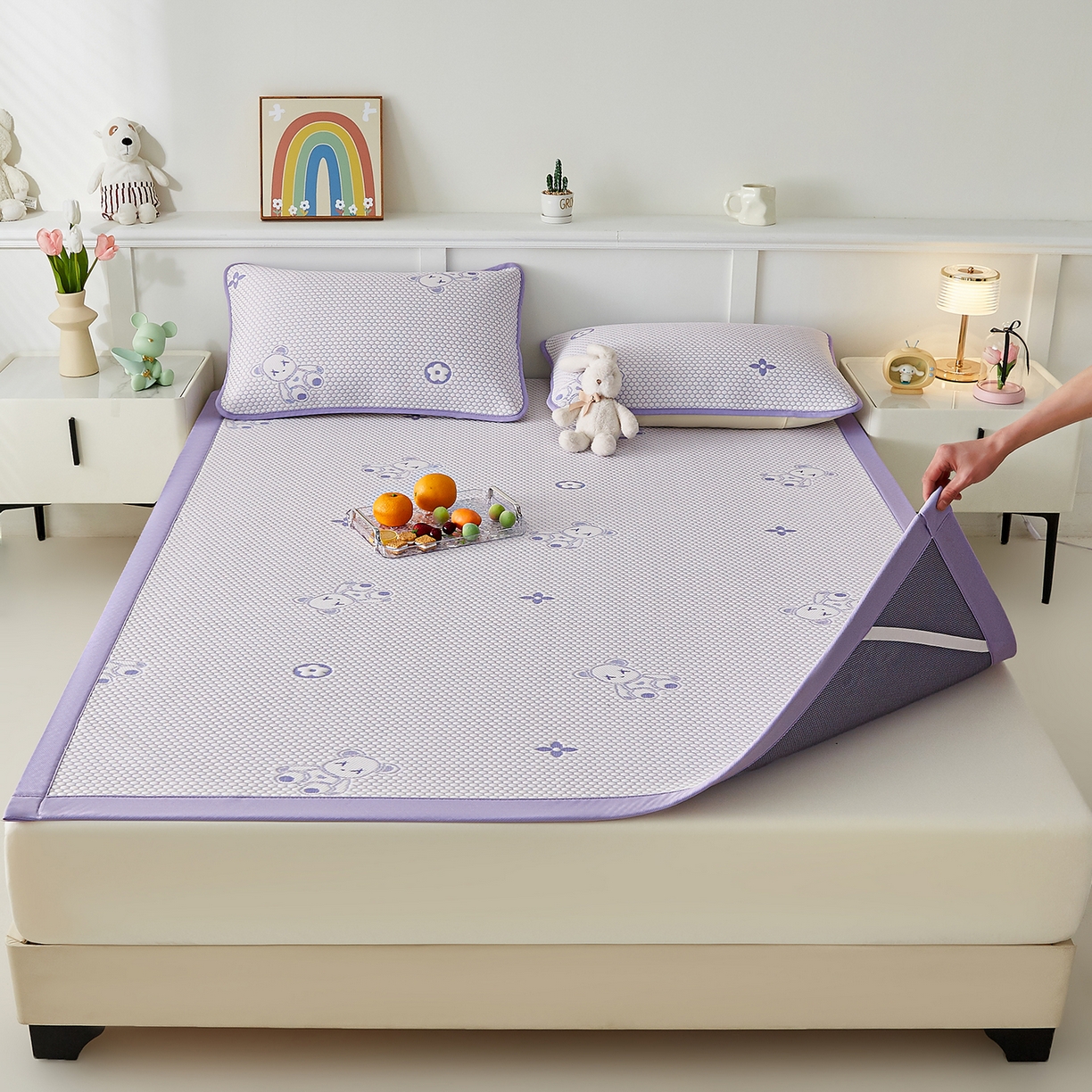 91家纺网 家纺一手货源 找家纺 奇丝雅 2026新款夏季A类冰豆豆凉席冰丝凉席家用冰丝席可机洗水洗单人学生宿舍上下铺寝室 抱抱熊-紫