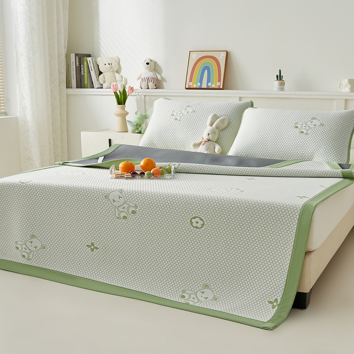 91家纺网 家纺一手货源 找家纺 奇丝雅 2026新款夏季A类冰豆豆凉席冰丝凉席家用冰丝席可机洗水洗单人学生宿舍上下铺寝室 抱抱熊-绿