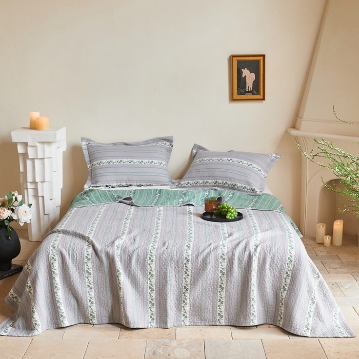 沐瑟家纺 2026新款床盖三件套 竖条花-灰
