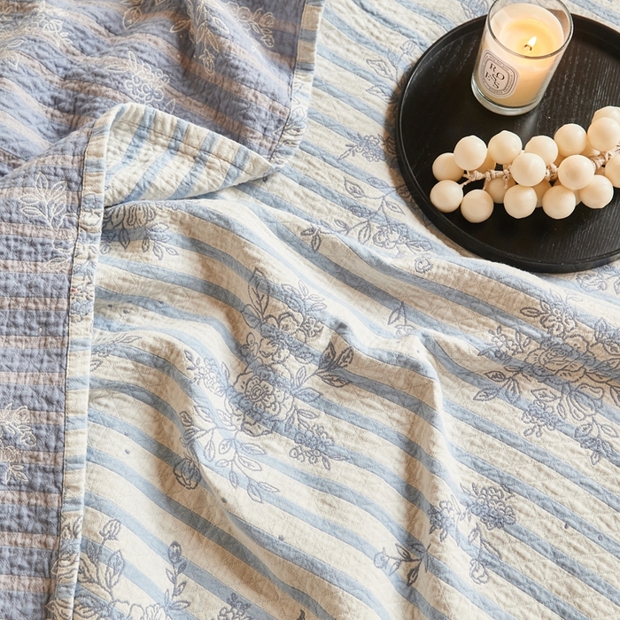 91家纺网 家纺一手货源 找家纺 沐瑟家纺 2026新款床盖三件套 线条玫瑰-蓝