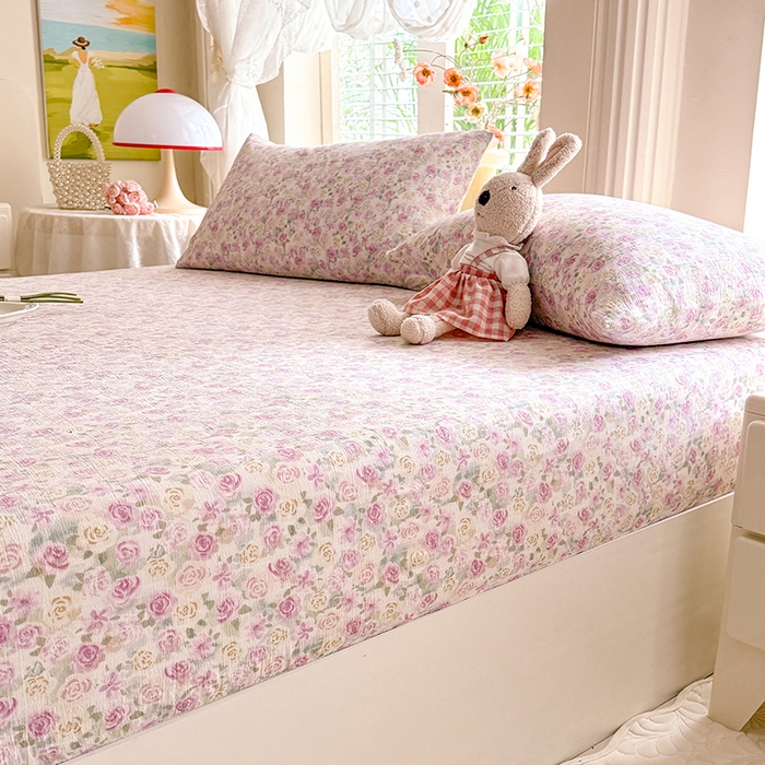 91家纺网 家纺一手货源 找家纺 九诺家纺 2026春夏新款丝柔棉小清新单床笠床罩保护套床笠单件床笠三件套 蔷薇语