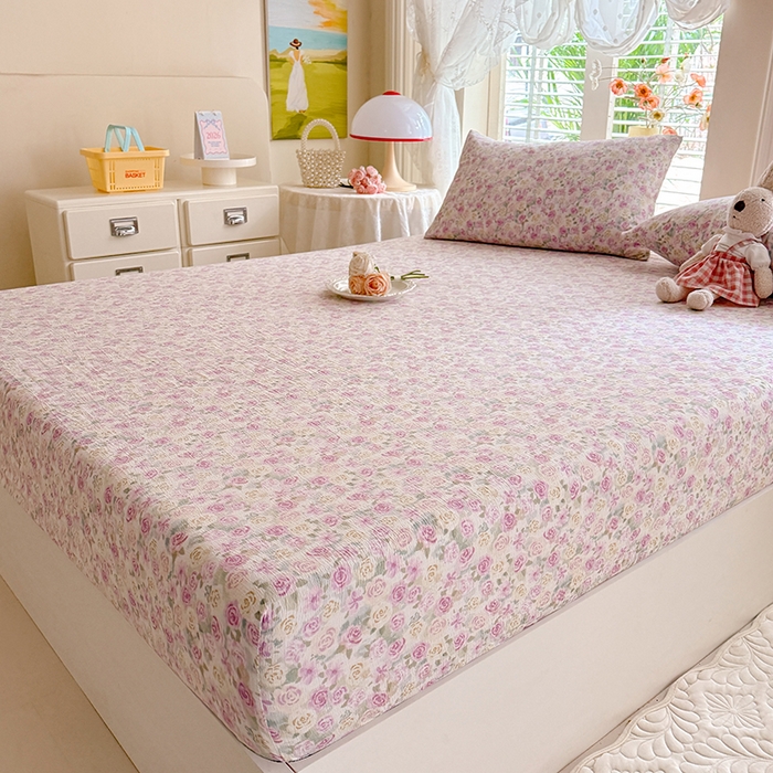 91家纺网 家纺一手货源 找家纺 九诺家纺 2026春夏新款丝柔棉小清新单床笠床罩保护套床笠单件床笠三件套 蔷薇语