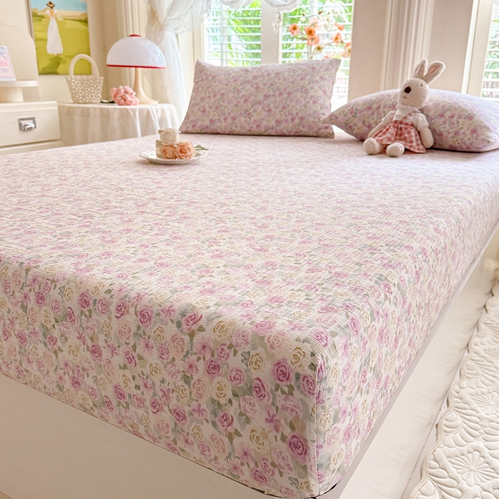 91家纺网 家纺一手货源 找家纺 九诺家纺 2026春夏新款丝柔棉小清新单床笠床罩保护套床笠单件床笠三件套 蔷薇语