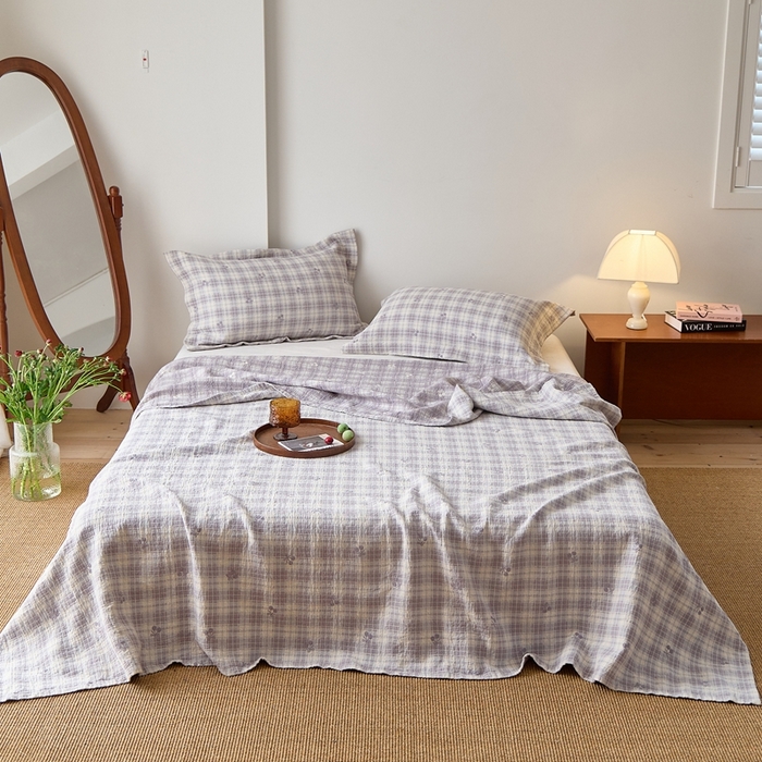 沐瑟家纺 2026新款床盖三件套 樱桃格-灰白