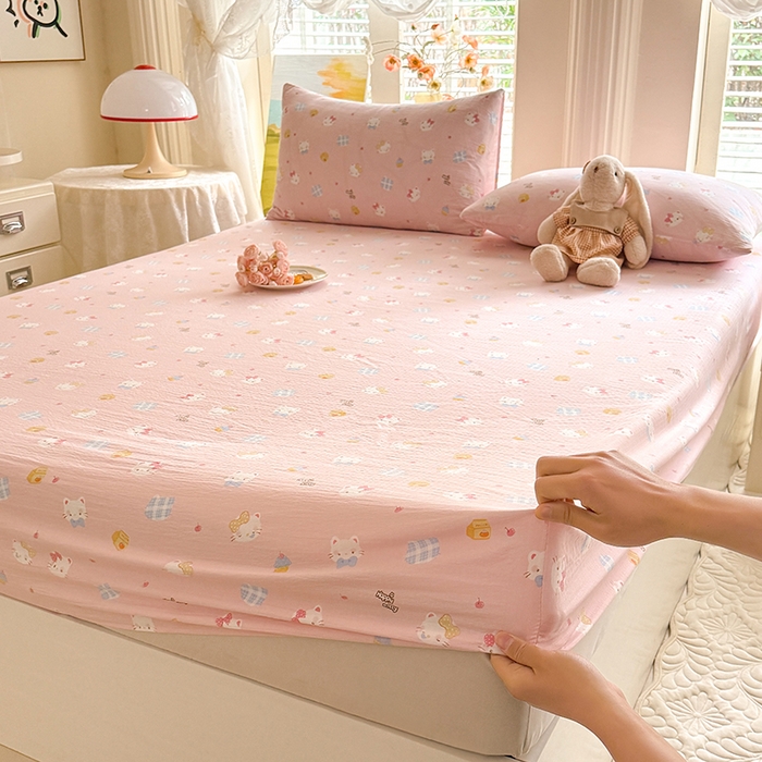 九诺家纺 2026春夏新款丝柔棉小清新单床笠床罩保护套床笠单件床笠三件套 圣代甜猫粉