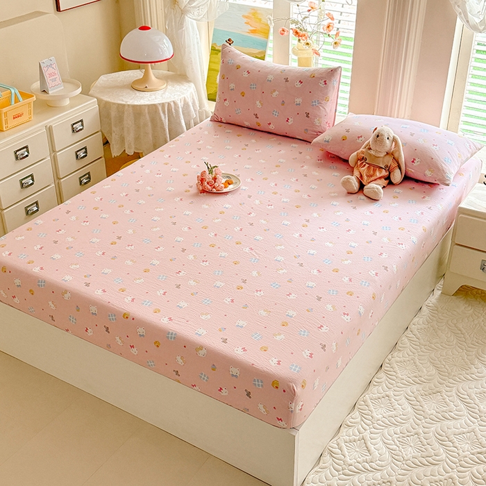 91家纺网 家纺一手货源 找家纺 九诺家纺 2026春夏新款丝柔棉小清新单床笠床罩保护套床笠单件床笠三件套 圣代甜猫粉