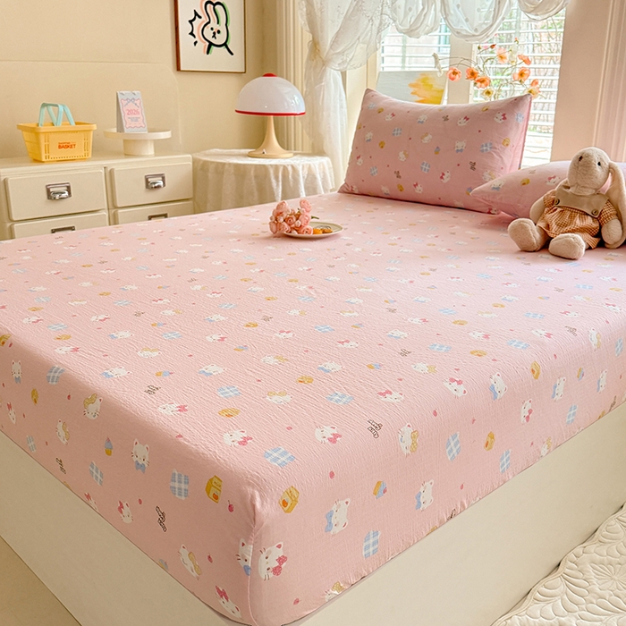 91家纺网 家纺一手货源 找家纺 九诺家纺 2026春夏新款丝柔棉小清新单床笠床罩保护套床笠单件床笠三件套 圣代甜猫粉