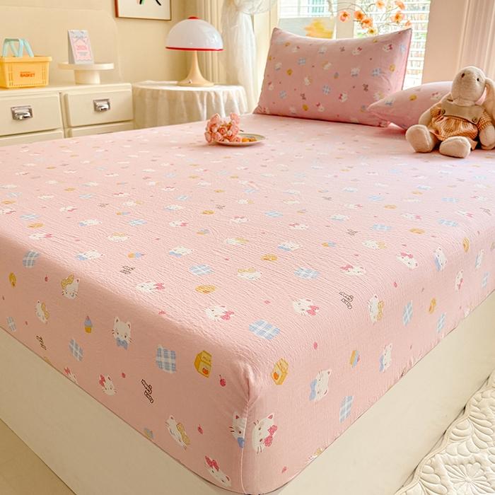 91家纺网 家纺一手货源 找家纺 九诺家纺 2026春夏新款丝柔棉小清新单床笠床罩保护套床笠单件床笠三件套 圣代甜猫粉