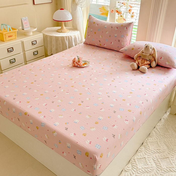 91家纺网 家纺一手货源 找家纺 九诺家纺 2026春夏新款丝柔棉小清新单床笠床罩保护套床笠单件床笠三件套 圣代甜猫粉