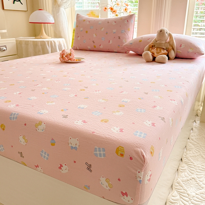 91家纺网 家纺一手货源 找家纺 九诺家纺 2026春夏新款丝柔棉小清新单床笠床罩保护套床笠单件床笠三件套 圣代甜猫粉