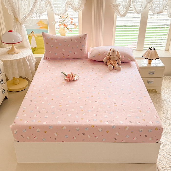 91家纺网 家纺一手货源 找家纺 九诺家纺 2026春夏新款丝柔棉小清新单床笠床罩保护套床笠单件床笠三件套 圣代甜猫粉