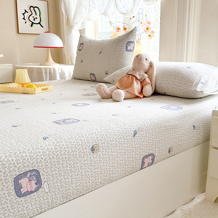 91家纺网 家纺一手货源 找家纺 九诺家纺 2026春夏新款丝柔棉小清新单床笠床罩保护套床笠单件床笠三件套 甜酷猫咪