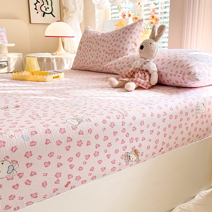 91家纺网 家纺一手货源 找家纺 九诺家纺 2026春夏新款丝柔棉小清新单床笠床罩保护套床笠单件床笠三件套 星星兔