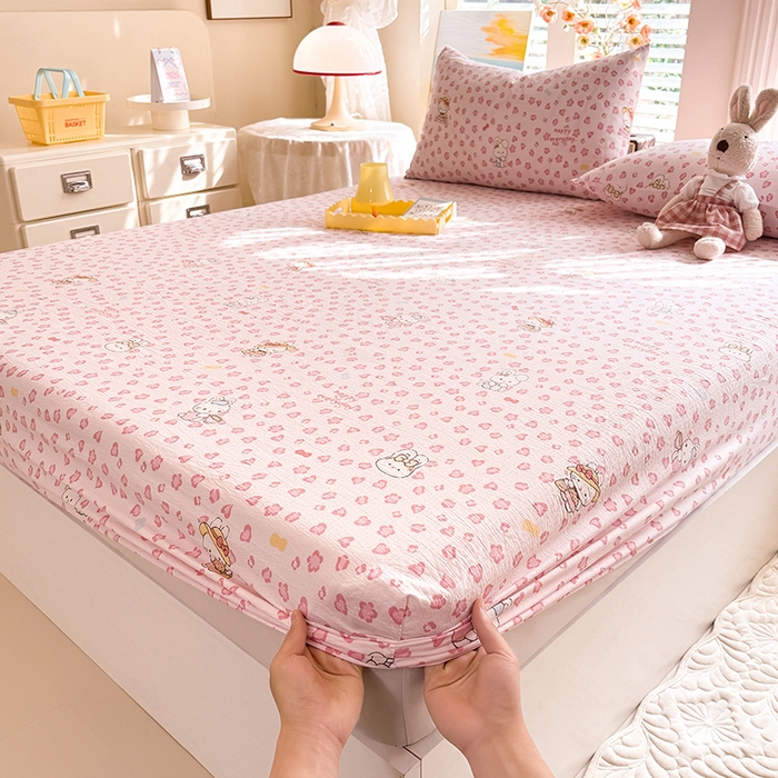 91家纺网 家纺一手货源 找家纺 九诺家纺 2026春夏新款丝柔棉小清新单床笠床罩保护套床笠单件床笠三件套 星星兔