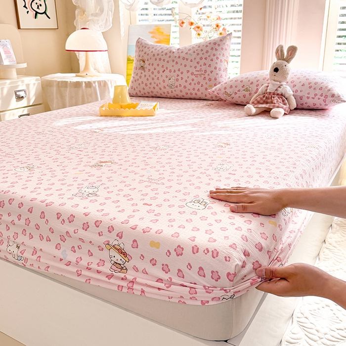 91家纺网 家纺一手货源 找家纺 九诺家纺 2026春夏新款丝柔棉小清新单床笠床罩保护套床笠单件床笠三件套 星星兔