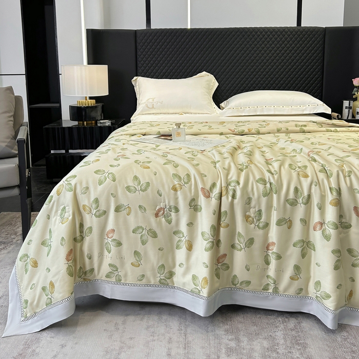 91家纺网 家纺一手货源 找家纺 薇玛仕 2026新款茶小纤60S长绒棉印花镂空款蚕丝夏凉被空调被 轻奢小叶-咖