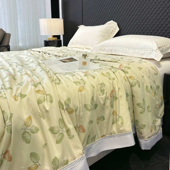 91家纺网 家纺一手货源 找家纺 薇玛仕 2026新款茶小纤60S长绒棉印花镂空款蚕丝夏凉被空调被 轻奢小叶-咖
