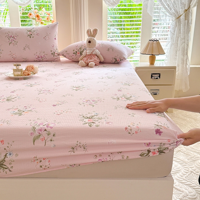 91家纺网 家纺一手货源 找家纺 九诺家纺 2026春夏新款丝柔棉小清新单床笠床罩保护套床笠单件床笠三件套 紫薇花