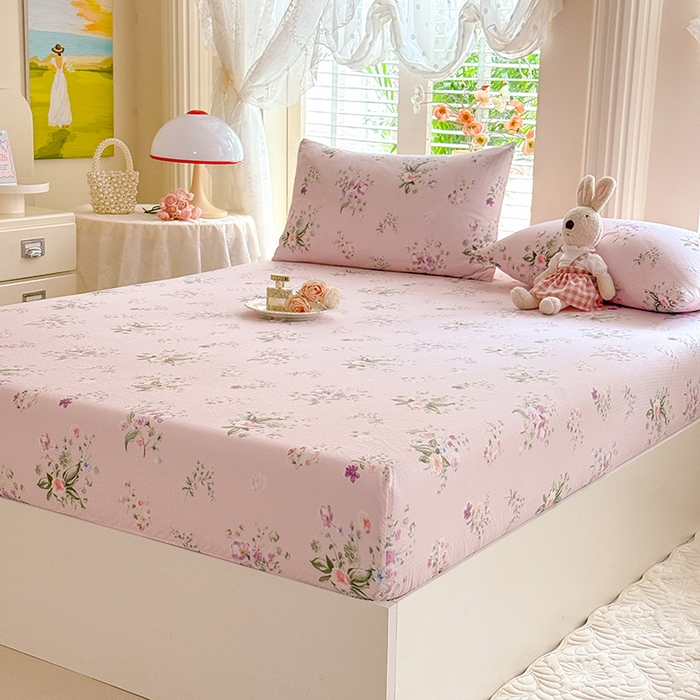 91家纺网 家纺一手货源 找家纺 九诺家纺 2026春夏新款丝柔棉小清新单床笠床罩保护套床笠单件床笠三件套 紫薇花