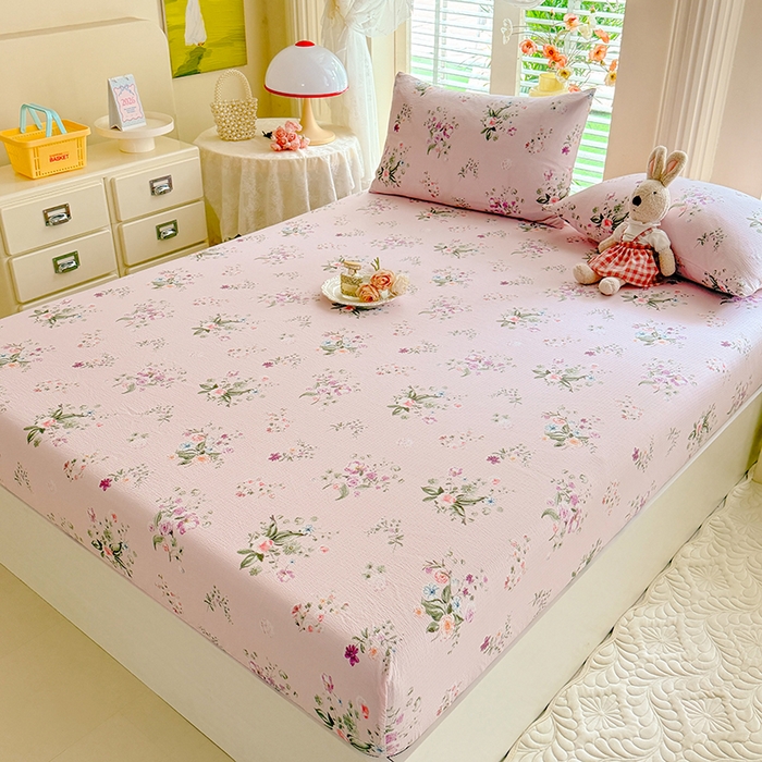 91家纺网 家纺一手货源 找家纺 九诺家纺 2026春夏新款丝柔棉小清新单床笠床罩保护套床笠单件床笠三件套 紫薇花