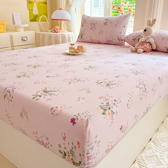 91家纺网 家纺一手货源 找家纺 九诺家纺 2026春夏新款丝柔棉小清新单床笠床罩保护套床笠单件床笠三件套 紫薇花