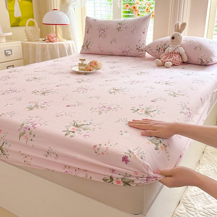 91家纺网 家纺一手货源 找家纺 九诺家纺 2026春夏新款丝柔棉小清新单床笠床罩保护套床笠单件床笠三件套 紫薇花