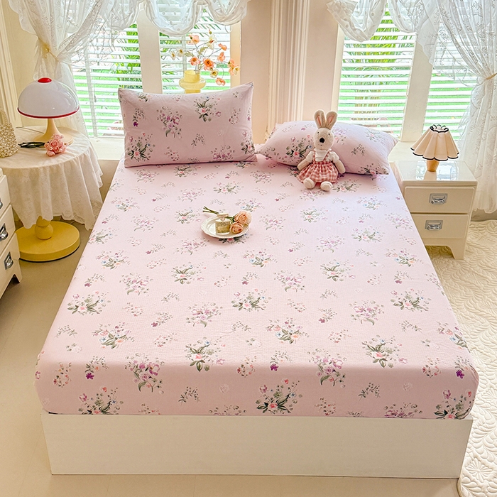 91家纺网 家纺一手货源 找家纺 九诺家纺 2026春夏新款丝柔棉小清新单床笠床罩保护套床笠单件床笠三件套 紫薇花