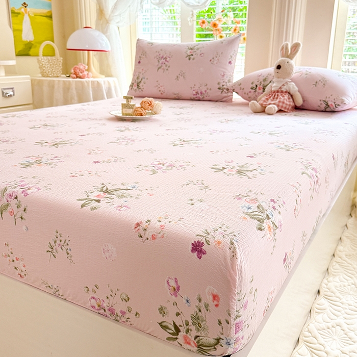 91家纺网 家纺一手货源 找家纺 九诺家纺 2026春夏新款丝柔棉小清新单床笠床罩保护套床笠单件床笠三件套 紫薇花