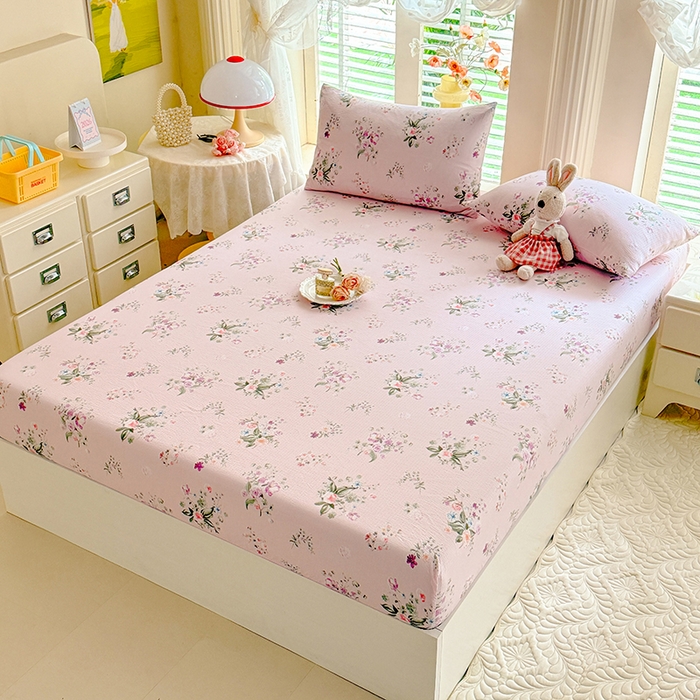 91家纺网 家纺一手货源 找家纺 九诺家纺 2026春夏新款丝柔棉小清新单床笠床罩保护套床笠单件床笠三件套 紫薇花