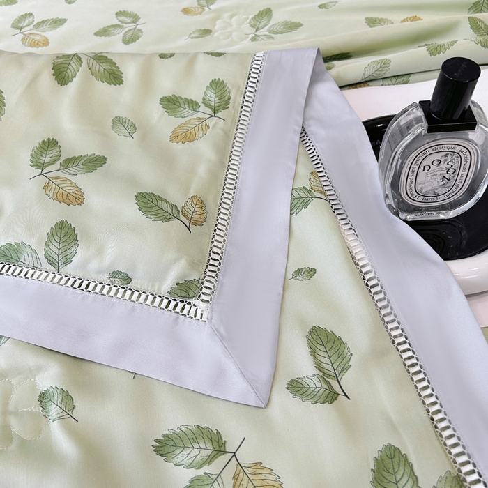 91家纺网 家纺一手货源 找家纺 薇玛仕 2026新款茶小纤60S长绒棉印花镂空款蚕丝夏凉被空调被 轻奢小叶-绿