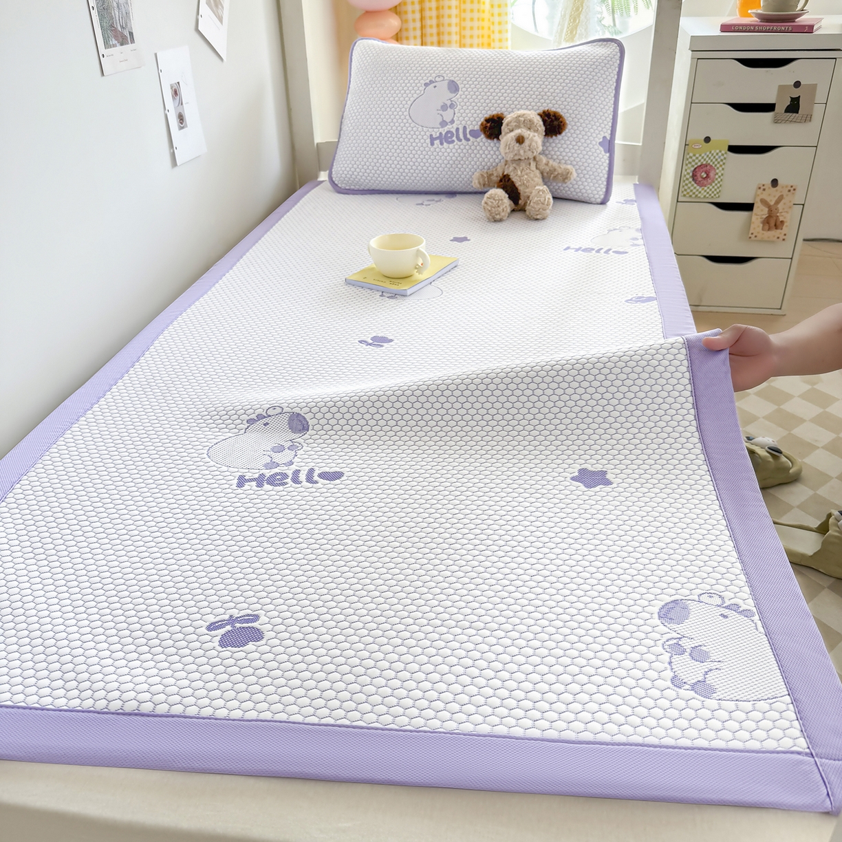 91家纺网 家纺一手货源 找家纺 奇丝雅 2026新款夏季A类冰豆豆凉席冰丝凉席家用冰丝席可机洗水洗单人学生宿舍上下铺寝室 卡皮巴拉-紫