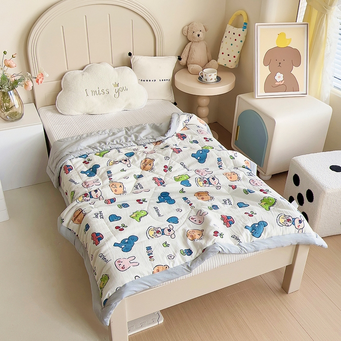 91家纺网 家纺一手货源 找家纺 吉咪兔家纺 2024年新款水洗棉儿童夏凉被婴儿空调被宝宝幼儿园专用大豆芯夏季薄款小被子 动物聚会