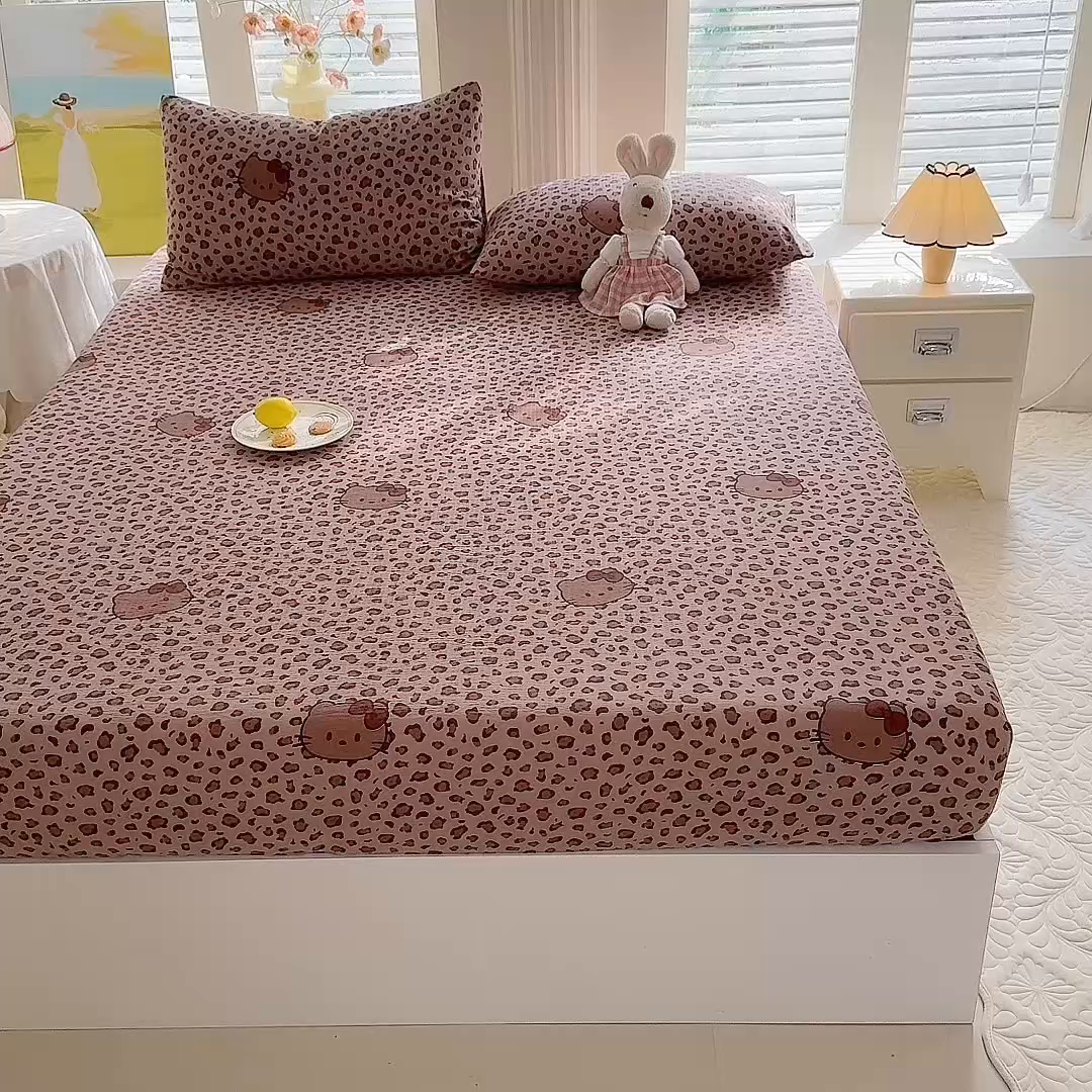 91家纺网 家纺一手货源 找家纺 九诺家纺 2026春夏新款丝柔棉小清新单床笠床罩保护套床笠单件床笠三件套 豹纹KT